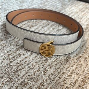 Tory Burch White Leather Belt with Gold Logo Buckle